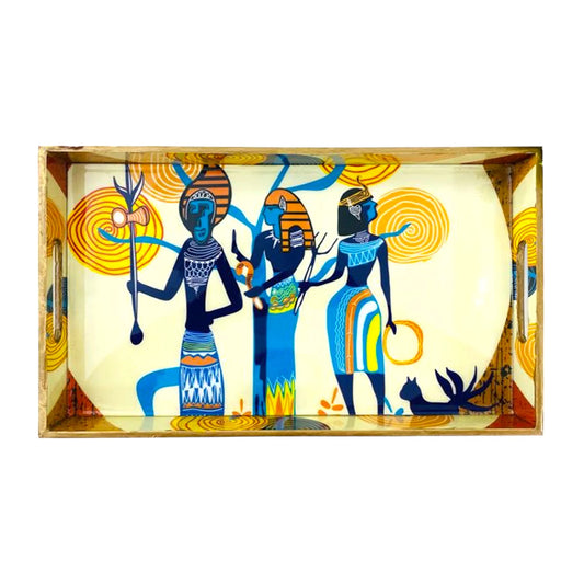 "Egyptian Priestess and Warriors" Artistic Wooden Cutlery-Rectangular Tray- Large I Serve ware I Hand Crafted I Meena Print I Gift I Size-16*10*2 Inch