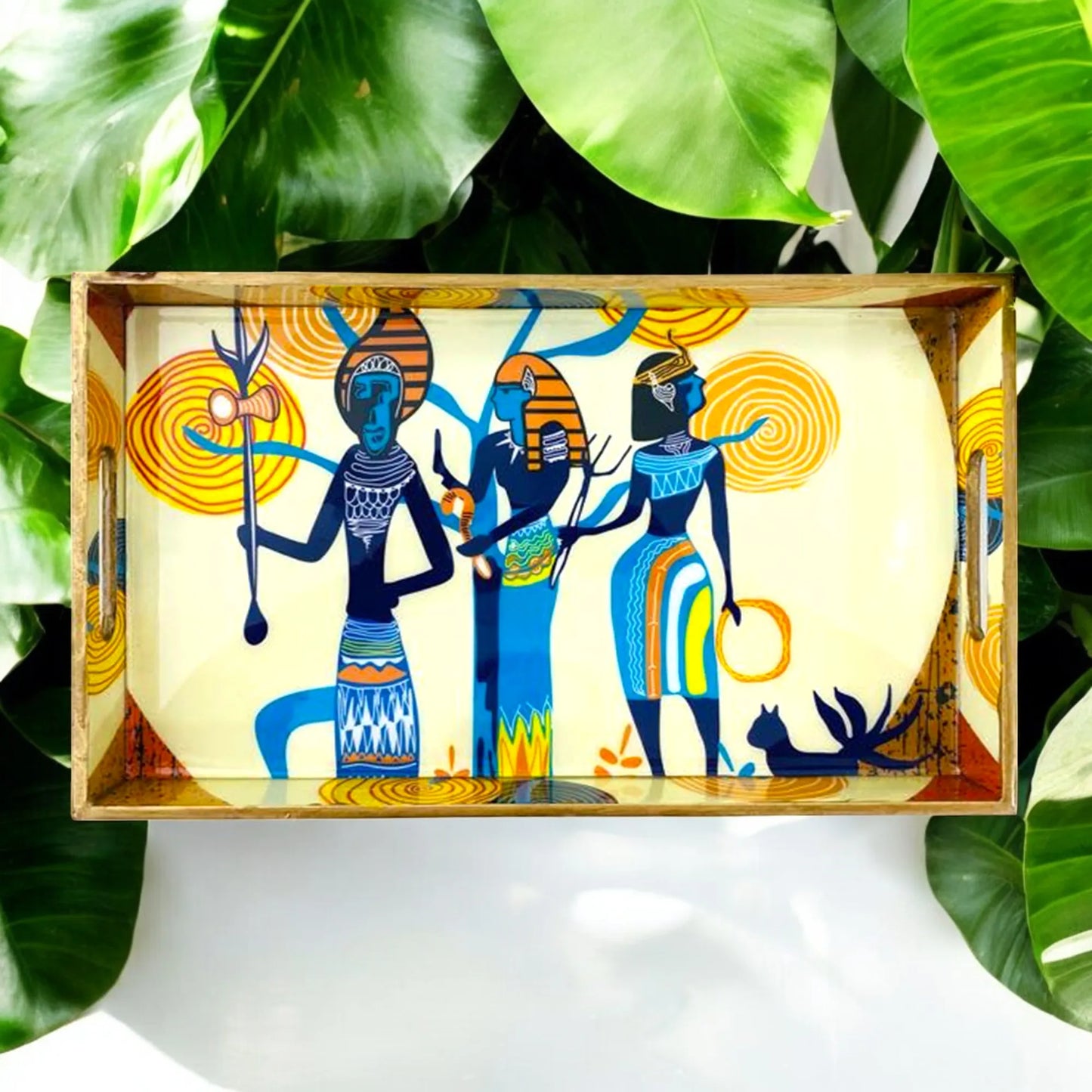 "Egyptian Priestess and Warriors" Artistic Wooden Cutlery-Rectangular Tray- Large I Serve ware I Hand Crafted I Meena Print I Gift I Size-16*10*2 Inch