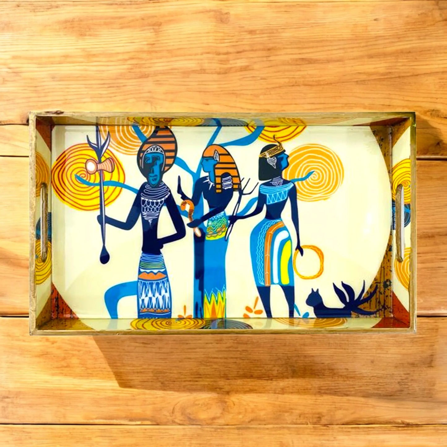 "Egyptian Priestess and Warriors" Artistic Wooden Cutlery-Rectangular Tray- Large I Serve ware I Hand Crafted I Meena Print I Gift I Size-16*10*2 Inch
