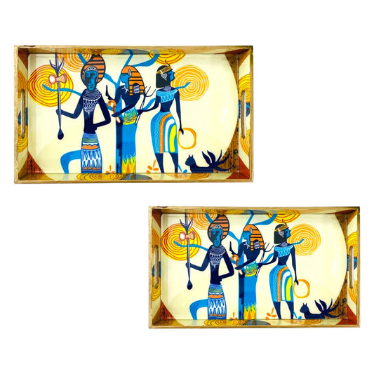 "Egyptian Priestess and Warriors" Artistic Wooden Cutlery-Rectangular Tray- Set of 2 I Serve ware I Handmade I Meena Print I Size-12*6*2 & 14*8*2 Inch