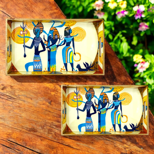 "Egyptian Priestess and Warriors" Artistic Wooden Cutlery-Rectangular Tray- Set of 2 I Serve ware I Handmade I Meena Print I Size-12*6*2 & 14*8*2 Inch