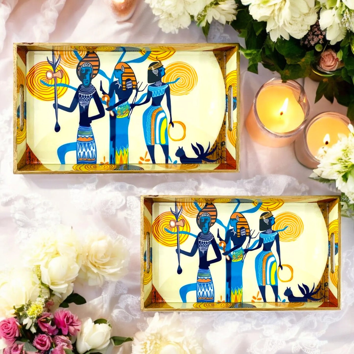 "Egyptian Priestess and Warriors" Artistic Wooden Cutlery-Rectangular Tray- Set of 2 I Serve ware I Handmade I Meena Print I Size-12*6*2 & 14*8*2 Inch