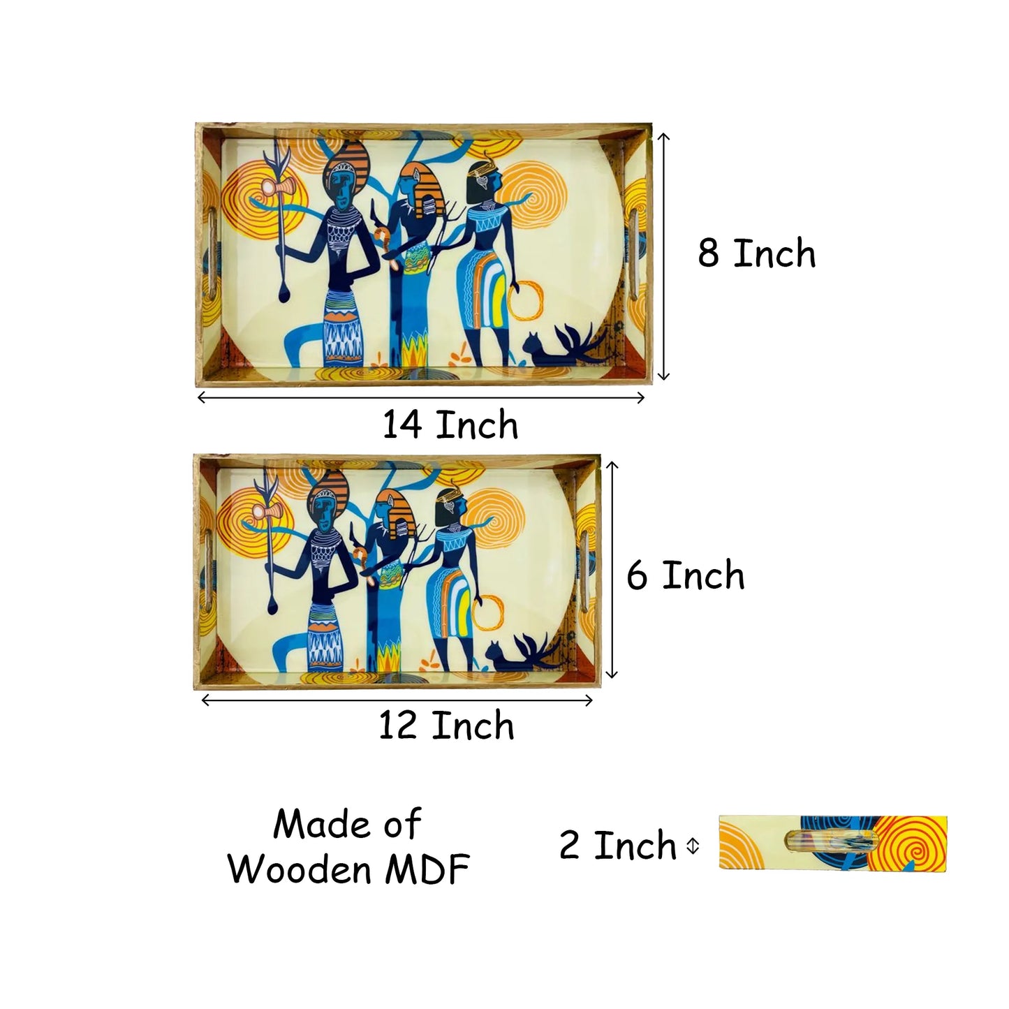 "Egyptian Priestess and Warriors" Artistic Wooden Cutlery-Rectangular Tray- Set of 2 I Serve ware I Handmade I Meena Print I Size-12*6*2 & 14*8*2 Inch