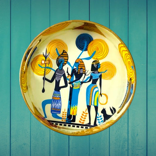 "Egyptian Priestess and Warriors" Artistic Wooden Cutlery-Round Tray Large I Serve ware I Hand Crafted I Decorative I Meena Print I Size-12*12*2 Inch