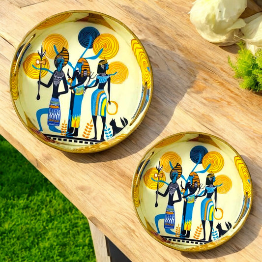 "Egyptian Priestess & Warriors" Wooden Cutlery-Round Trays (Set of 2) I Serve ware I Handmade I Decorative I Meena Print I Size-10*10*2 & 12*12*2 Inch