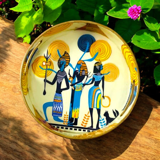 "Egyptian Priestess and Warriors" Artistic Wooden Cutlery-Round Tray Small I Serve ware I Hand Crafted I Decorative I Meena Print I Size-10*10*2 Inch