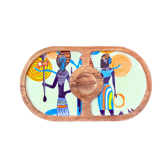 "Egyptian Priestess and Warriors" Artistic Wooden Cutlery-Round Platter with Ceramic Bowl I Dine ware I Hand Crafted I Decorative I Size-14*8 Inch