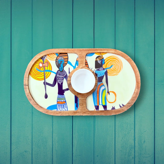 "Egyptian Priestess and Warriors" Artistic Wooden Cutlery-Round Platter with Ceramic Bowl I Dine ware I Hand Crafted I Decorative I Size-14*8 Inch