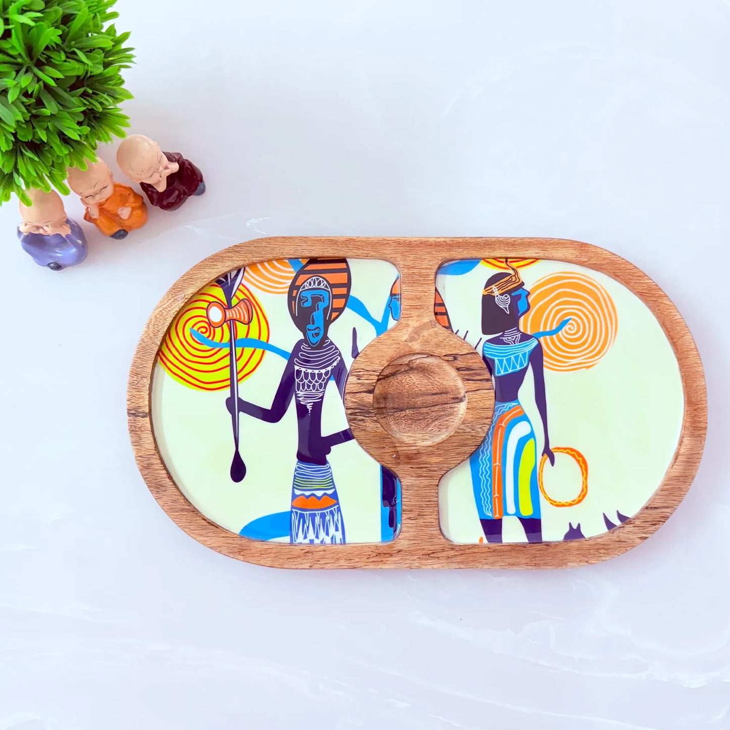 "Egyptian Priestess and Warriors" Artistic Wooden Cutlery-Round Platter with Ceramic Bowl I Dine ware I Hand Crafted I Decorative I Size-14*8 Inch
