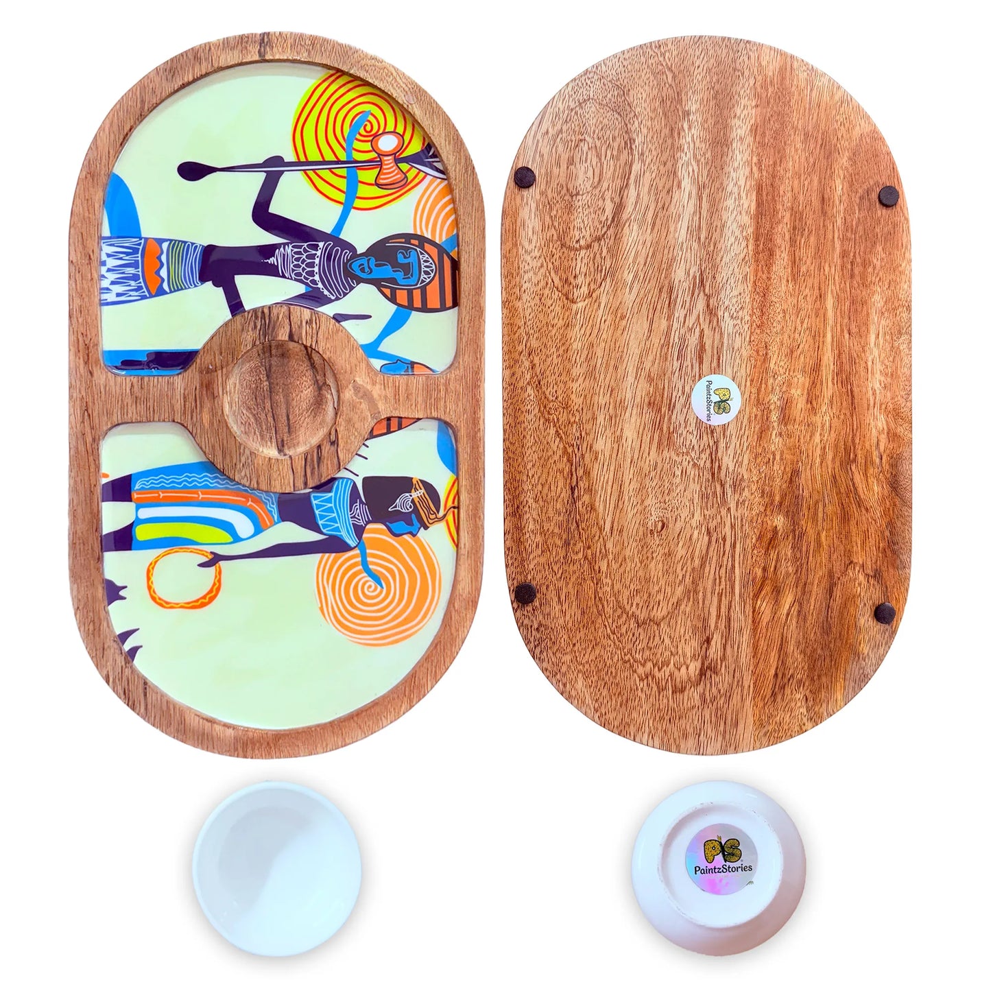 "Egyptian Priestess and Warriors" Artistic Wooden Cutlery-Round Platter with Ceramic Bowl I Dine ware I Hand Crafted I Decorative I Size-14*8 Inch