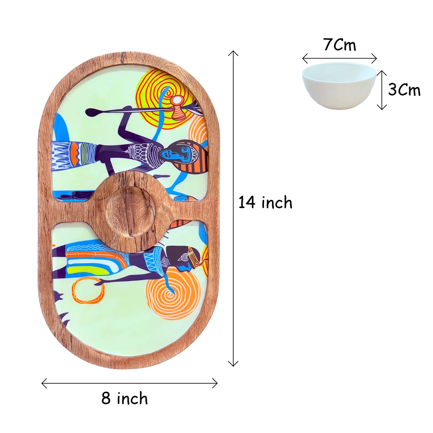 "Egyptian Priestess and Warriors" Artistic Wooden Cutlery-Round Platter with Ceramic Bowl I Dine ware I Hand Crafted I Decorative I Size-14*8 Inch