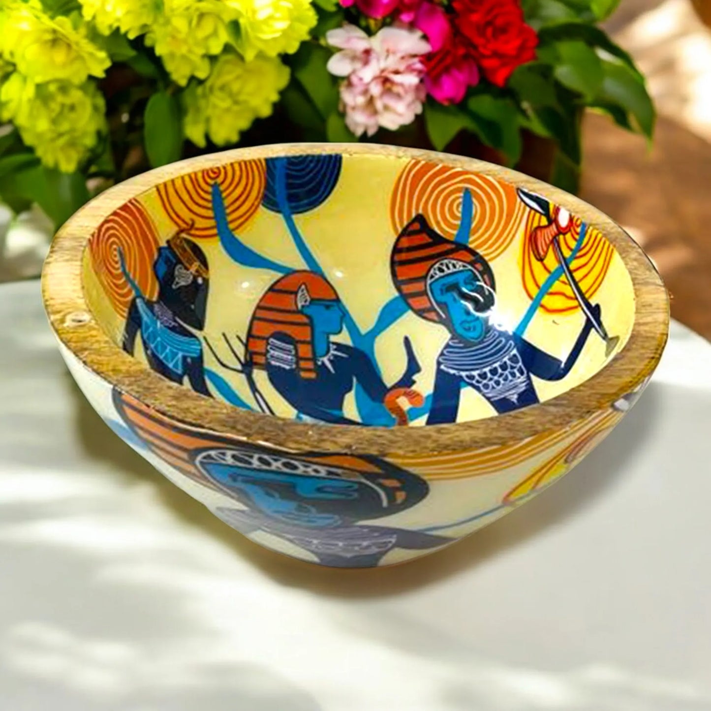 "Egyptian Priestess and Warriors" Artistic Wooden Cutlery - Small Bowl I Serve ware I Hand Crafted I Home Decor I Meena Print I Size-6*6*3 Inch