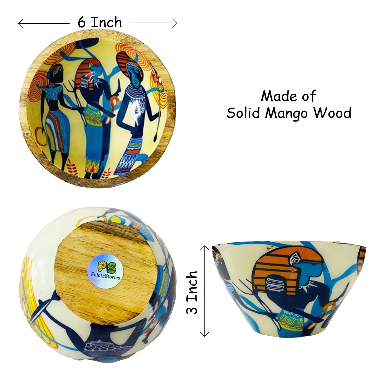 "Egyptian Priestess and Warriors" Artistic Wooden Cutlery - Small Bowl I Serve ware I Hand Crafted I Home Decor I Meena Print I Size-6*6*3 Inch