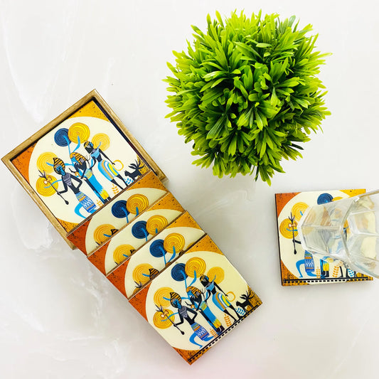"Egyptian Priestess and Warriors" Artistic Wooden Cutlery-Wooden Tea Coaster I Table ware I Handmade I Home Décor I Meena Print I Size- 4*4 Inch