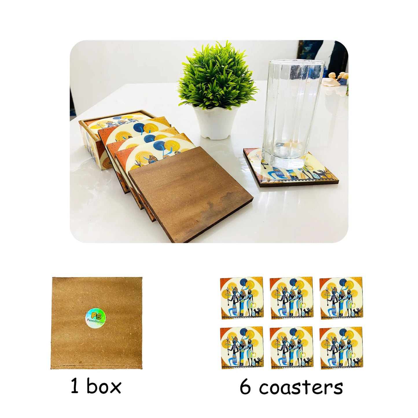 "Egyptian Priestess and Warriors" Artistic Wooden Cutlery-Wooden Tea Coaster I Table ware I Handmade I Home Décor I Meena Print I Size- 4*4 Inch