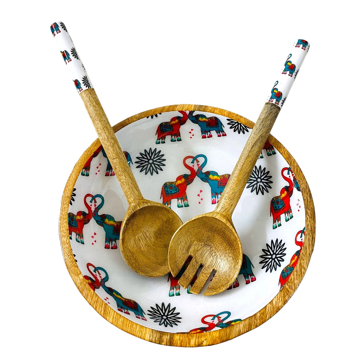 "Elephants In Love" Artistic Wooden Cutlery-Big Bowl with Serving Spoons I Dine ware I Hand Crafted I Decorative I Meena Print I Size-10*10*3 Inch