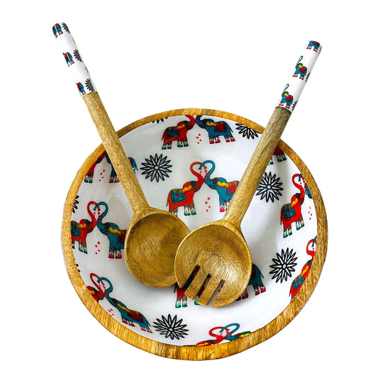 "Elephants In Love" Artistic Wooden Cutlery-Big Bowl with Serving Spoons I Dine ware I Hand Crafted I Decorative I Meena Print I Size-10*10*3 Inch