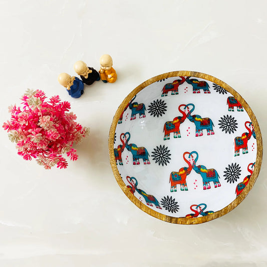 "Elephants In Love" Artistic Wooden Cutlery-Big Bowl with Serving Spoons I Dine ware I Hand Crafted I Decorative I Meena Print I Size-10*10*3 Inch