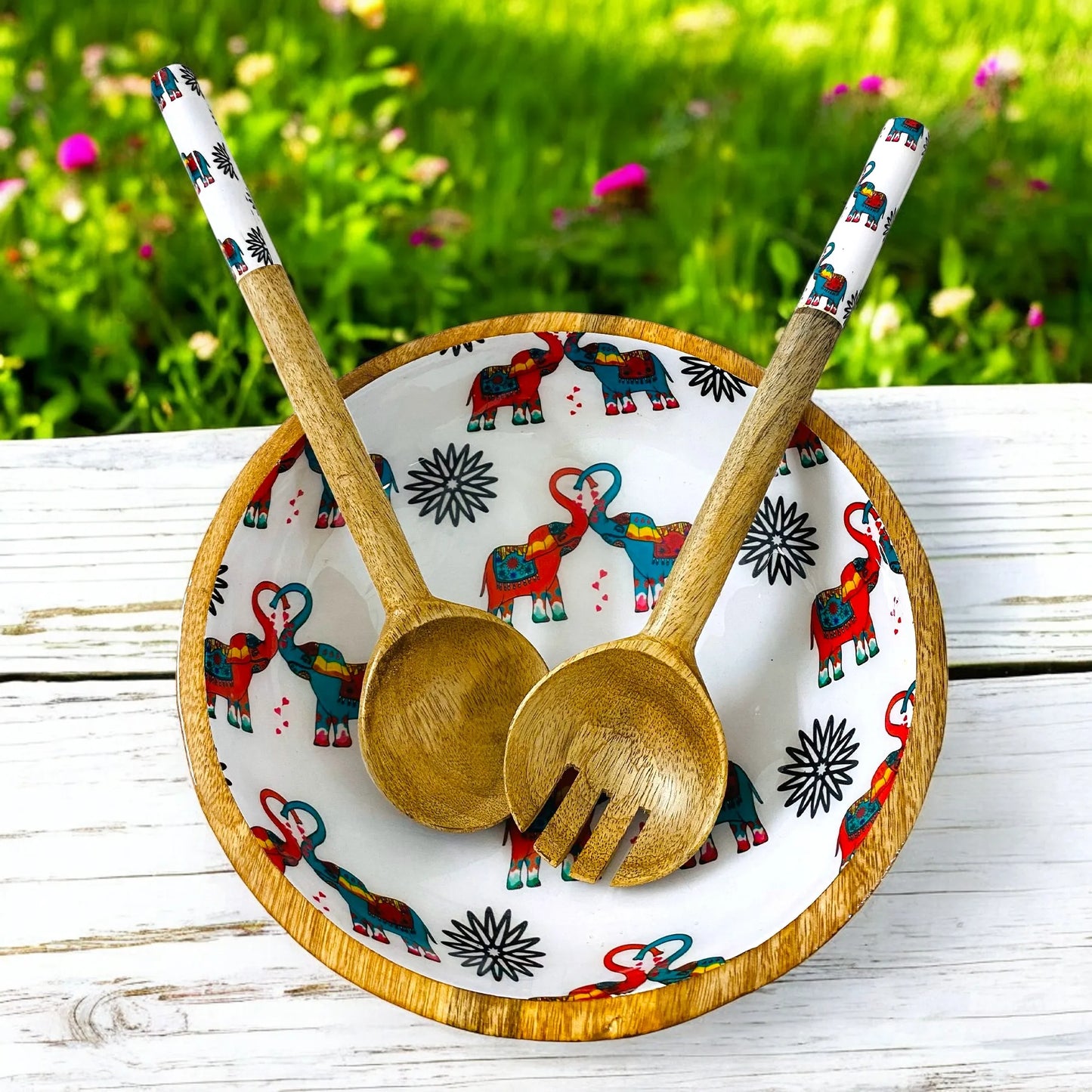 "Elephants In Love" Artistic Wooden Cutlery-Big Bowl with Serving Spoons I Dine ware I Hand Crafted I Decorative I Meena Print I Size-10*10*3 Inch
