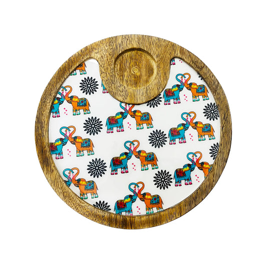 "Elephants In Love" Artistic Wooden Cutlery-Circular Platter with Wooden Bowl I Table ware I Hand Crafted I Decorative I Meena Print I Size-10*10 Inch