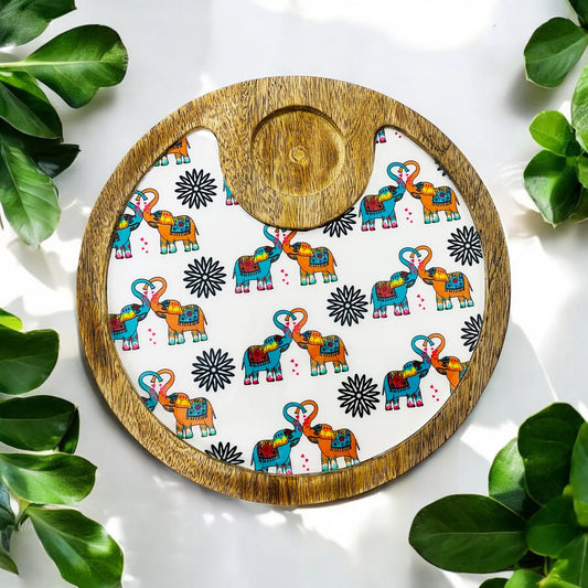 "Elephants In Love" Artistic Wooden Cutlery-Circular Platter with Wooden Bowl I Table ware I Hand Crafted I Decorative I Meena Print I Size-10*10 Inch