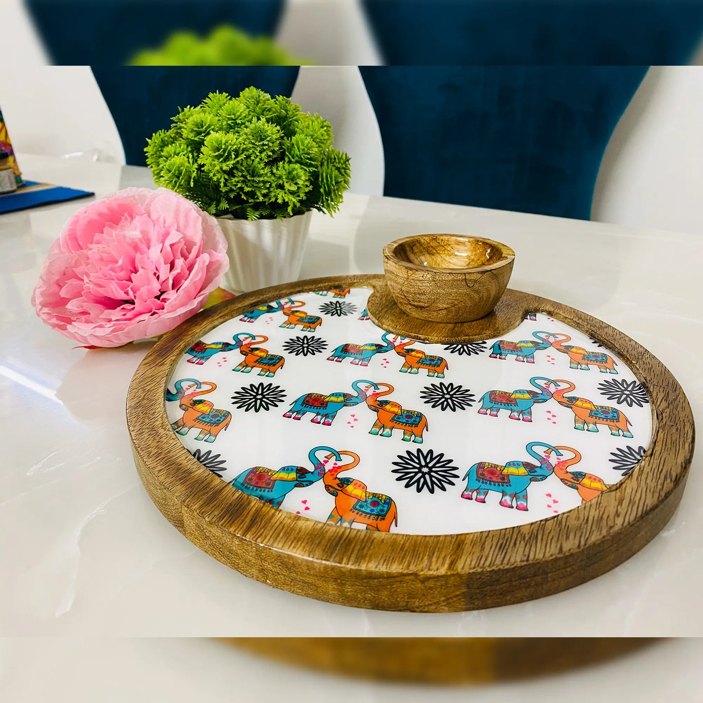 "Elephants In Love" Artistic Wooden Cutlery-Circular Platter with Wooden Bowl I Table ware I Hand Crafted I Decorative I Meena Print I Size-10*10 Inch