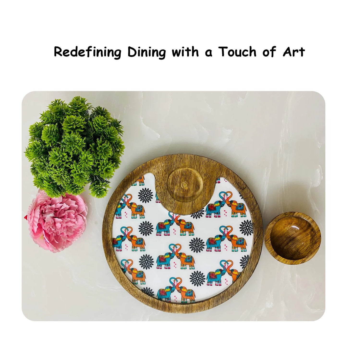 "Elephants In Love" Artistic Wooden Cutlery-Circular Platter with Wooden Bowl I Table ware I Hand Crafted I Decorative I Meena Print I Size-10*10 Inch