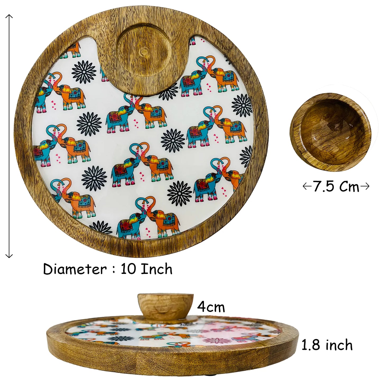 "Elephants In Love" Artistic Wooden Cutlery-Circular Platter with Wooden Bowl I Table ware I Hand Crafted I Decorative I Meena Print I Size-10*10 Inch