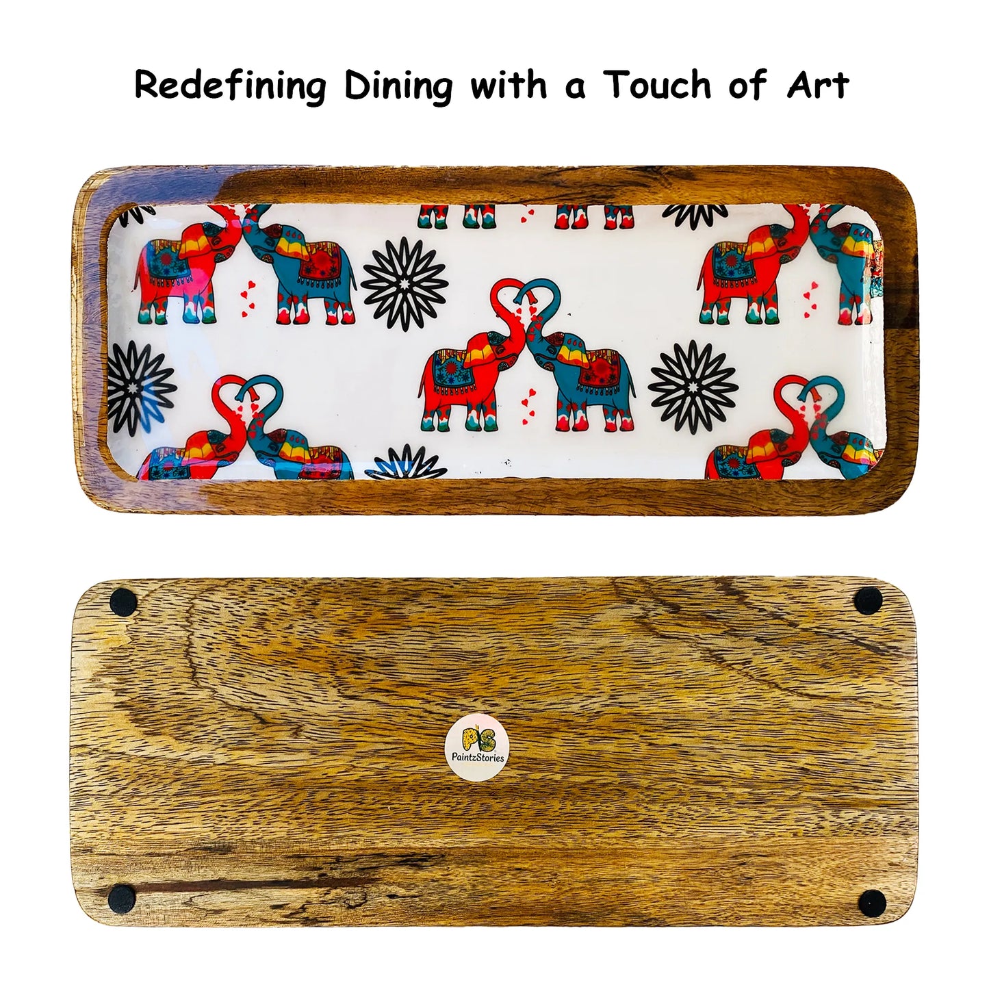 "Elephants In Love" Artistic Wooden Cutlery-Rectangular Platter I Serve ware I Hand Crafted I Living Room Décor I Meena Print I Size-13*5 Inch