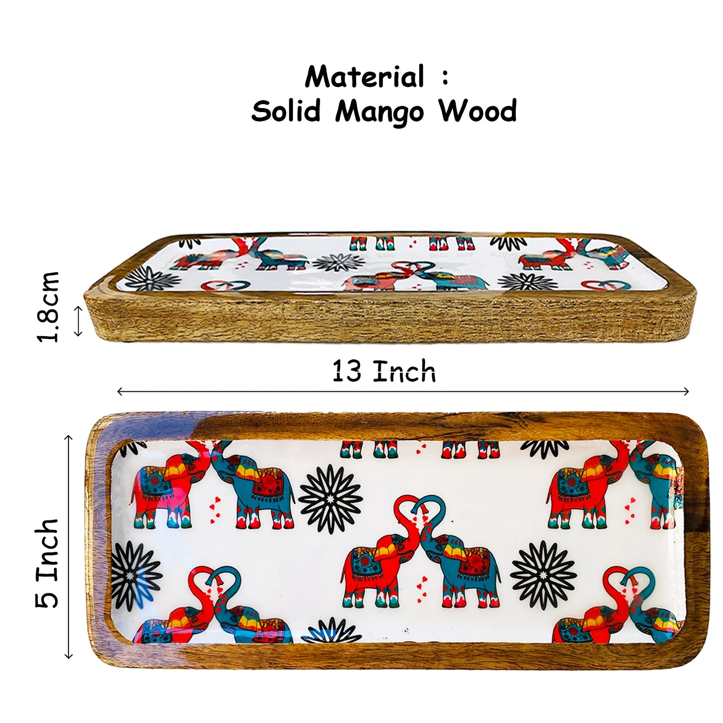 "Elephants In Love" Artistic Wooden Cutlery-Rectangular Platter I Serve ware I Hand Crafted I Living Room Décor I Meena Print I Size-13*5 Inch