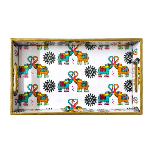 "Elephants In Love" Artistic Wooden Cutlery-Rectangular Tray- Large I Serve ware I Handmade I Home Décor I Decorative I Meena I Size-16*10*2 Inch