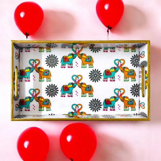 "Elephants In Love" Artistic Wooden Cutlery-Rectangular Tray- Large I Serve ware I Handmade I Home Décor I Decorative I Meena I Size-16*10*2 Inch