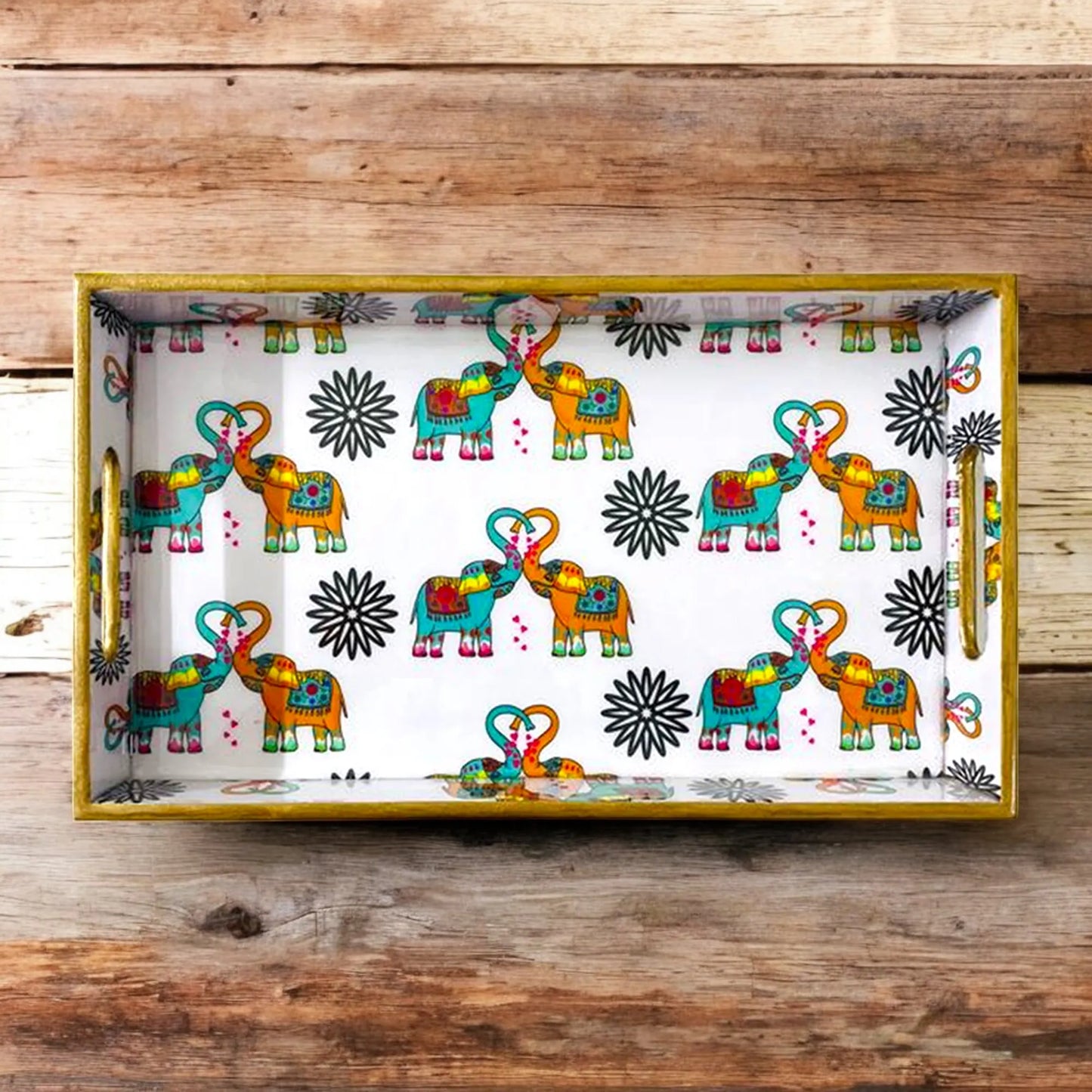 "Elephants In Love" Artistic Wooden Cutlery-Rectangular Tray- Large I Serve ware I Handmade I Home Décor I Decorative I Meena I Size-16*10*2 Inch