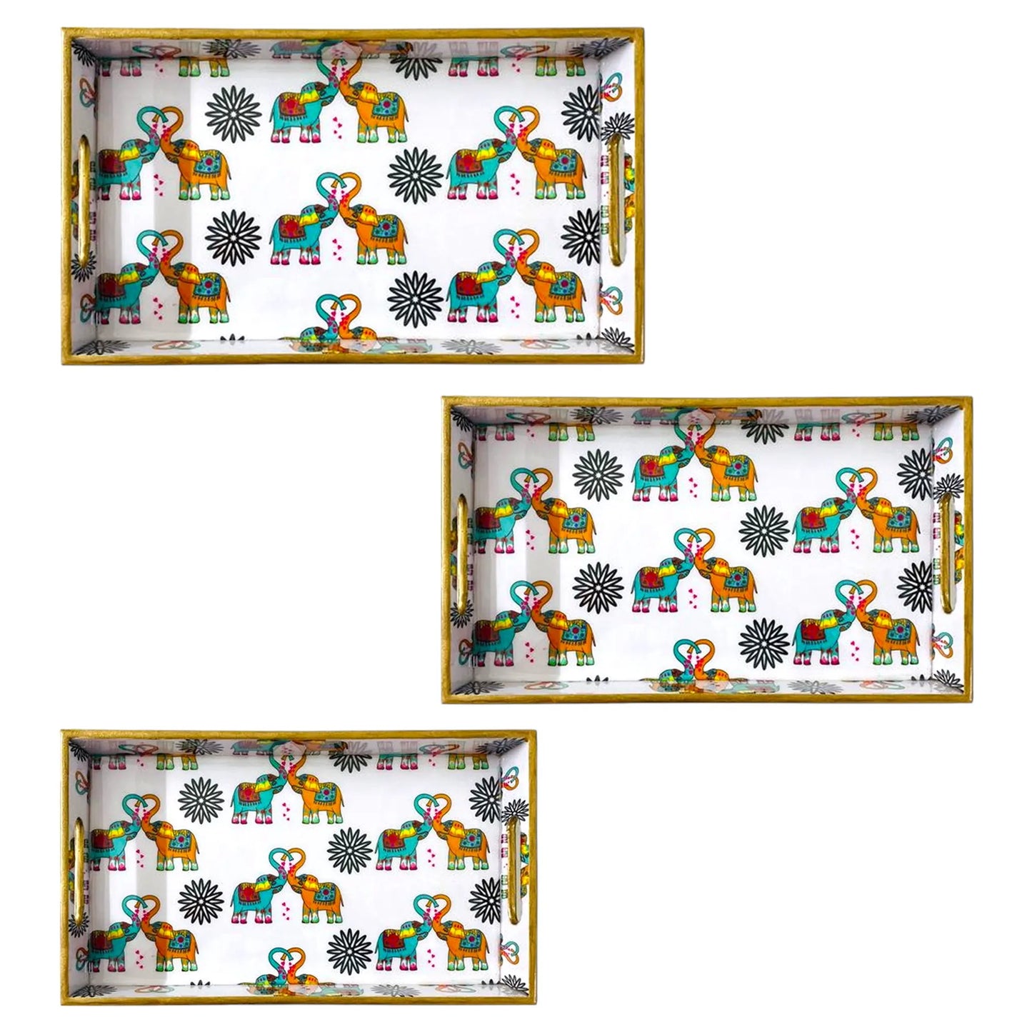 "Elephants In Love" Artistic Wooden Cutlery-Rectangular Trays (Set of 3) I Serve ware I Handmade I Meena Print I Size-12*6*2,14*8*2 & 16*10*2 Inch