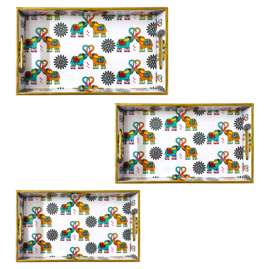 "Elephants In Love" Artistic Wooden Cutlery-Rectangular Trays (Set of 3) I Serve ware I Handmade I Meena Print I Size-12*6*2,14*8*2 & 16*10*2 Inch