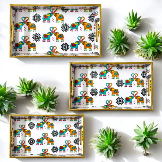 "Elephants In Love" Artistic Wooden Cutlery-Rectangular Trays (Set of 3) I Serve ware I Handmade I Meena Print I Size-12*6*2,14*8*2 & 16*10*2 Inch