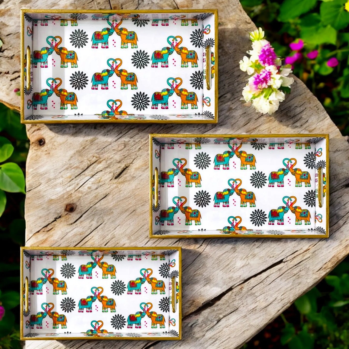 "Elephants In Love" Artistic Wooden Cutlery-Rectangular Trays (Set of 3) I Serve ware I Handmade I Meena Print I Size-12*6*2,14*8*2 & 16*10*2 Inch