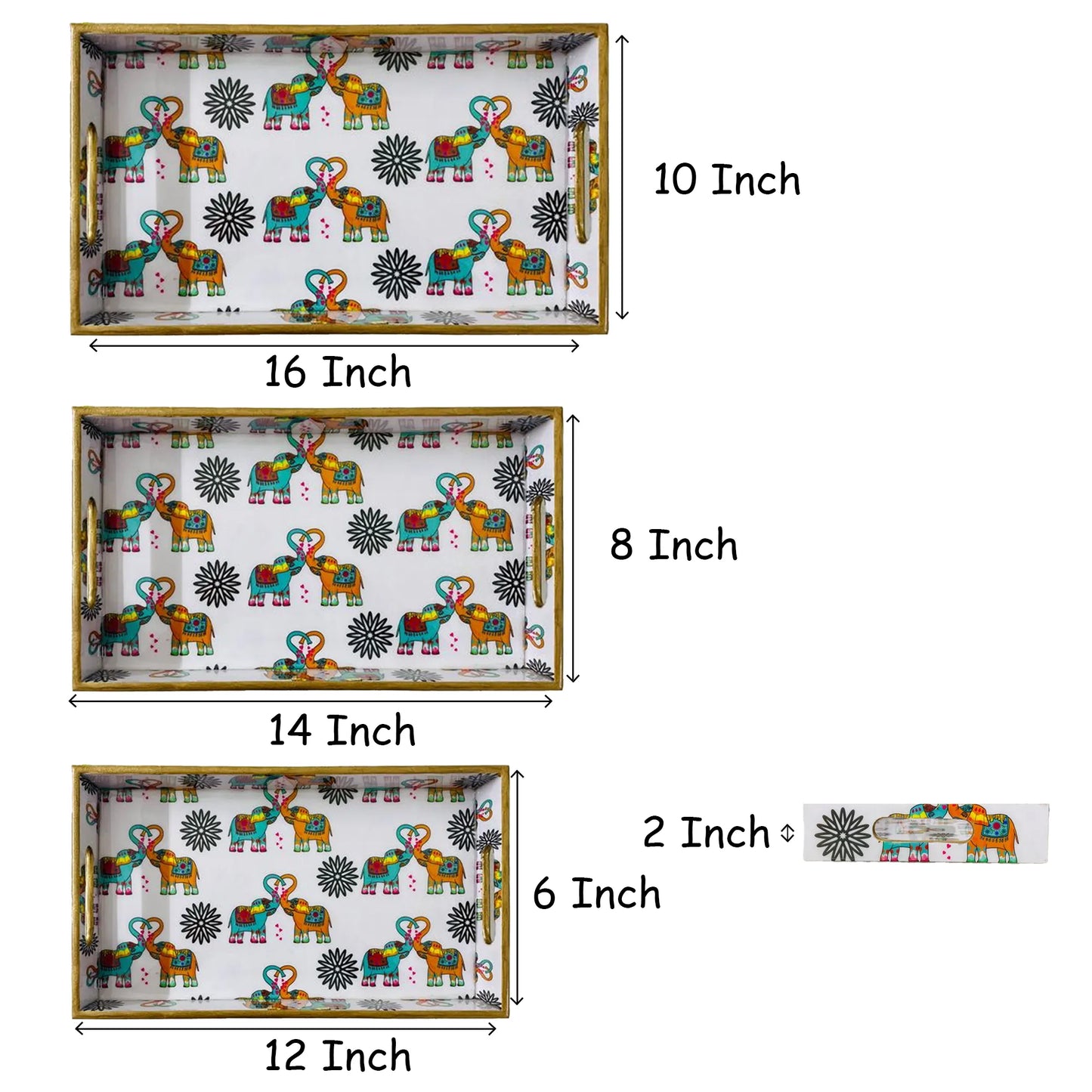 "Elephants In Love" Artistic Wooden Cutlery-Rectangular Trays (Set of 3) I Serve ware I Handmade I Meena Print I Size-12*6*2,14*8*2 & 16*10*2 Inch