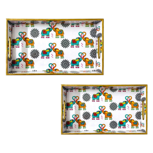 "Elephants In Love" Artistic Wooden Cutlery-Rectangular Tray- Set of 2 I Serve ware I Handmade I Home Décor I Meena Print I Size-12*6*2 & 14*8*2 Inch