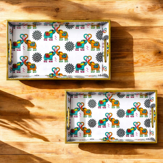 "Elephants In Love" Artistic Wooden Cutlery-Rectangular Tray- Set of 2 I Serve ware I Handmade I Home Décor I Meena Print I Size-12*6*2 & 14*8*2 Inch