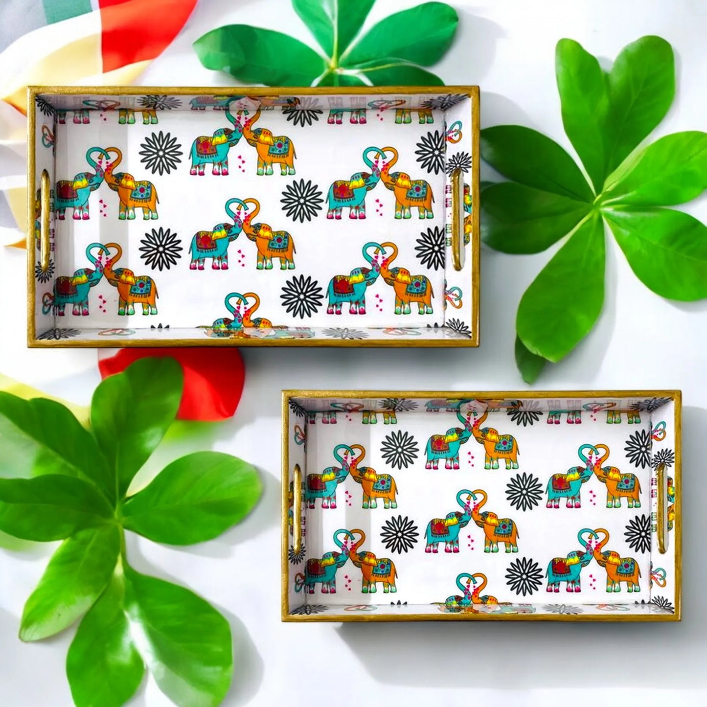 "Elephants In Love" Artistic Wooden Cutlery-Rectangular Tray- Set of 2 I Serve ware I Handmade I Home Décor I Meena Print I Size-12*6*2 & 14*8*2 Inch