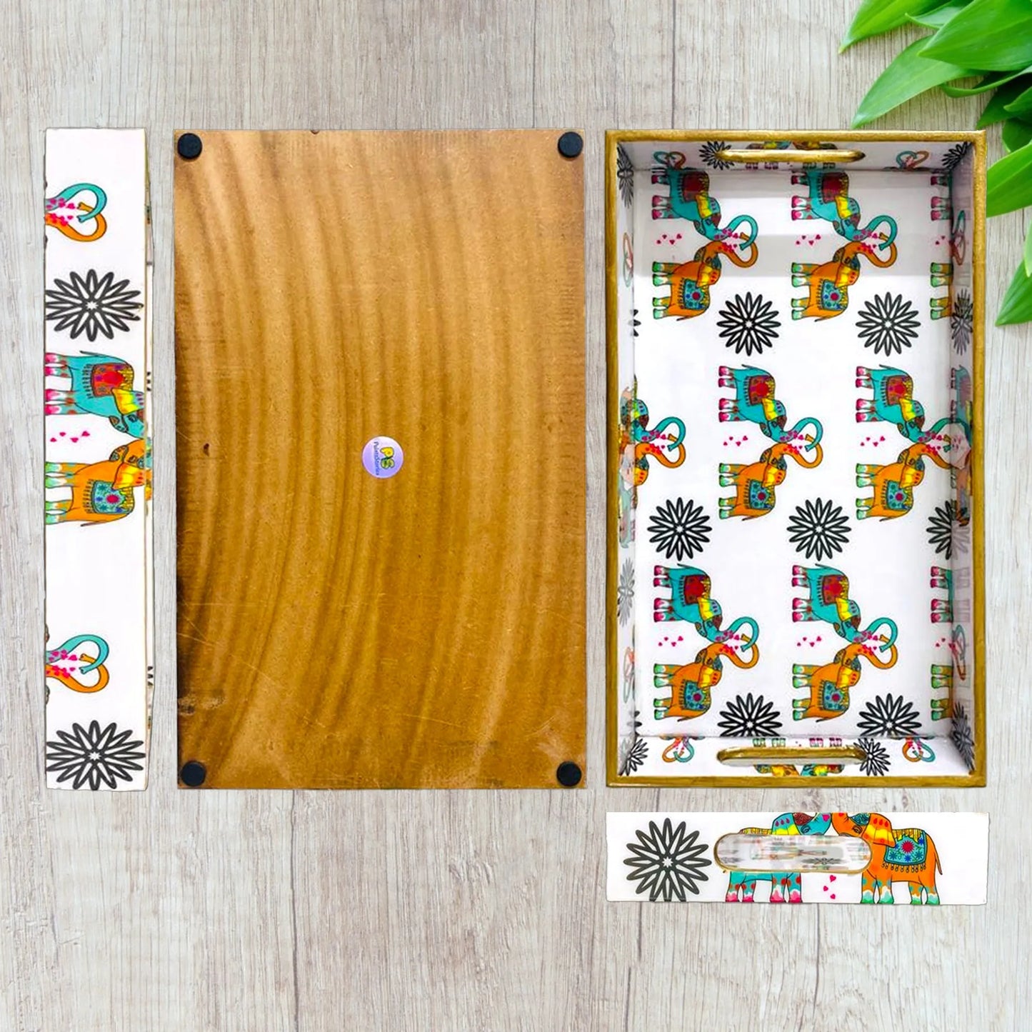 "Elephants In Love" Artistic Wooden Cutlery-Rectangular Tray- Set of 2 I Serve ware I Handmade I Home Décor I Meena Print I Size-12*6*2 & 14*8*2 Inch