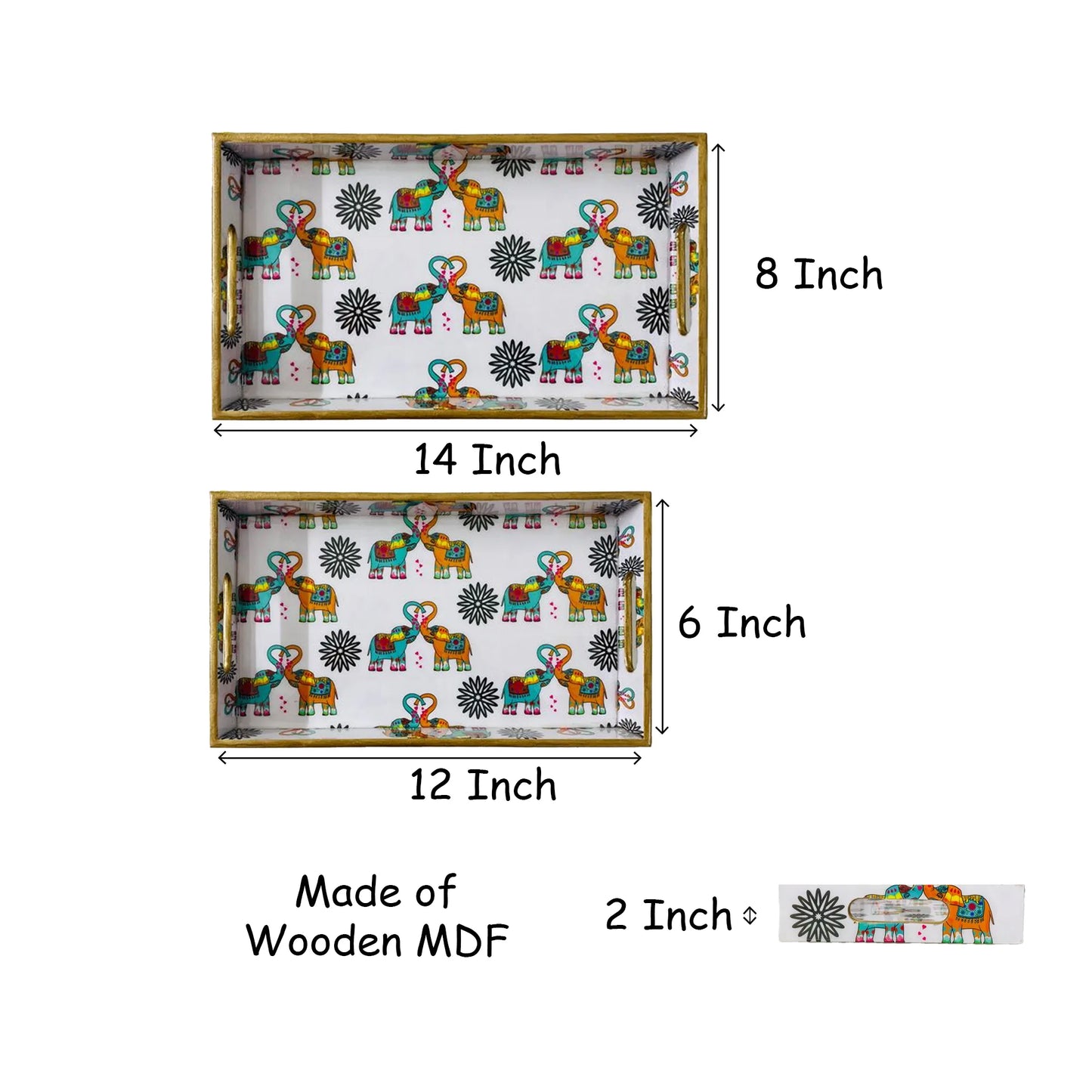 "Elephants In Love" Artistic Wooden Cutlery-Rectangular Tray- Set of 2 I Serve ware I Handmade I Home Décor I Meena Print I Size-12*6*2 & 14*8*2 Inch