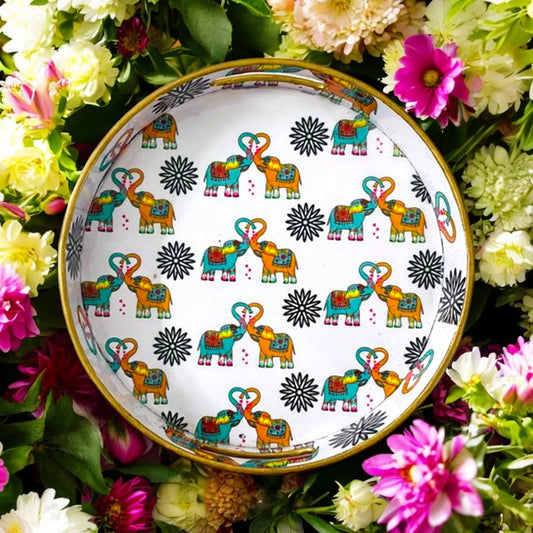 "Elephants In Love" Artistic Wooden Cutlery-Round Tray Large I Serve ware I Hand Crafted I Decorative I Meena Print I Gift Item I Size-12*12*2 Inch
