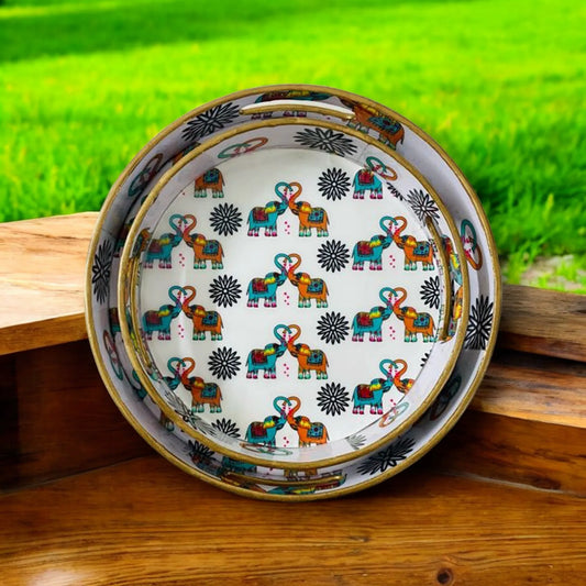 "Elephants In Love" Artistic Wooden Cutlery-Round Trays (Set of 2) I Serve ware I Handmade I Decorative I Meena Print I Size-10*10*2 & 12*12*2 Inch