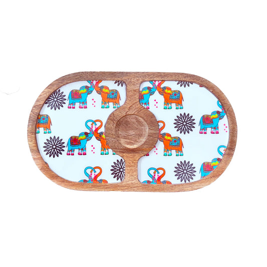 "Elephants In Love" Artistic Wooden Cutlery-Round Platter with Ceramic Bowl I Dine ware I Hand Crafted I Home Décor I Meena Print I Size-14*8 Inch