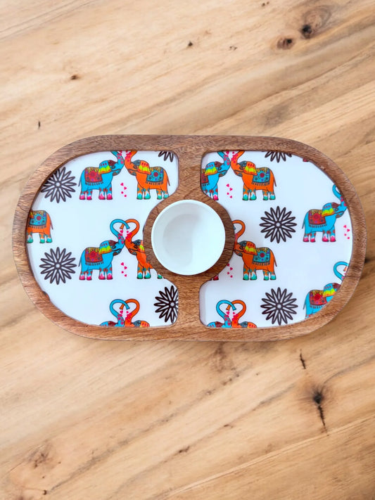 "Elephants In Love" Artistic Wooden Cutlery-Round Platter with Ceramic Bowl I Dine ware I Hand Crafted I Home Décor I Meena Print I Size-14*8 Inch