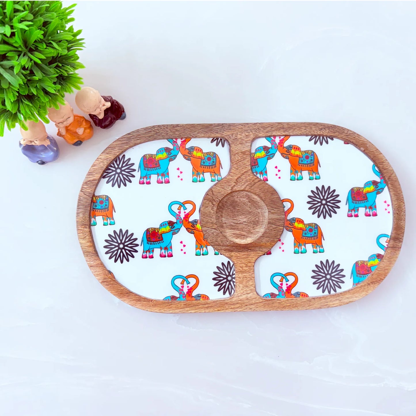 "Elephants In Love" Artistic Wooden Cutlery-Round Platter with Ceramic Bowl I Dine ware I Hand Crafted I Home Décor I Meena Print I Size-14*8 Inch