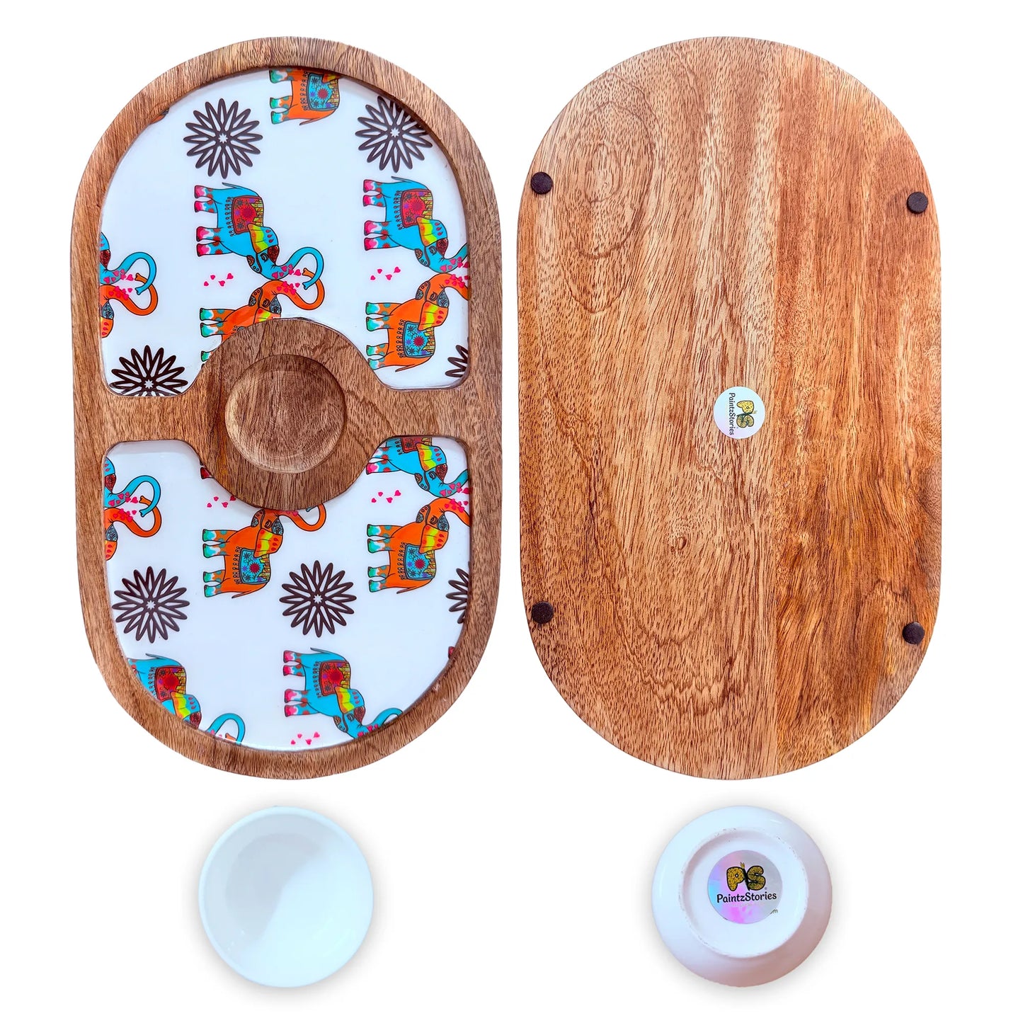 "Elephants In Love" Artistic Wooden Cutlery-Round Platter with Ceramic Bowl I Dine ware I Hand Crafted I Home Décor I Meena Print I Size-14*8 Inch