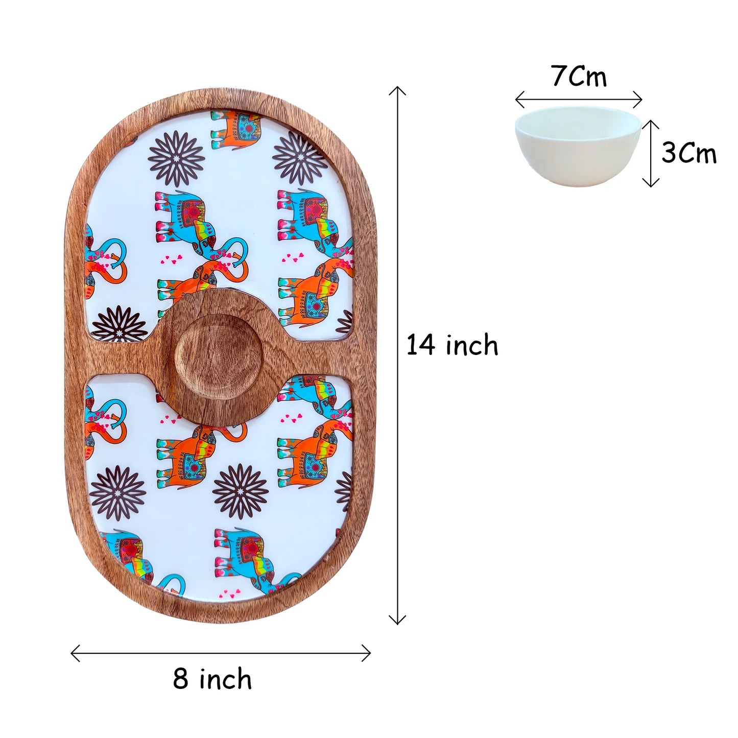 "Elephants In Love" Artistic Wooden Cutlery-Round Platter with Ceramic Bowl I Dine ware I Hand Crafted I Home Décor I Meena Print I Size-14*8 Inch